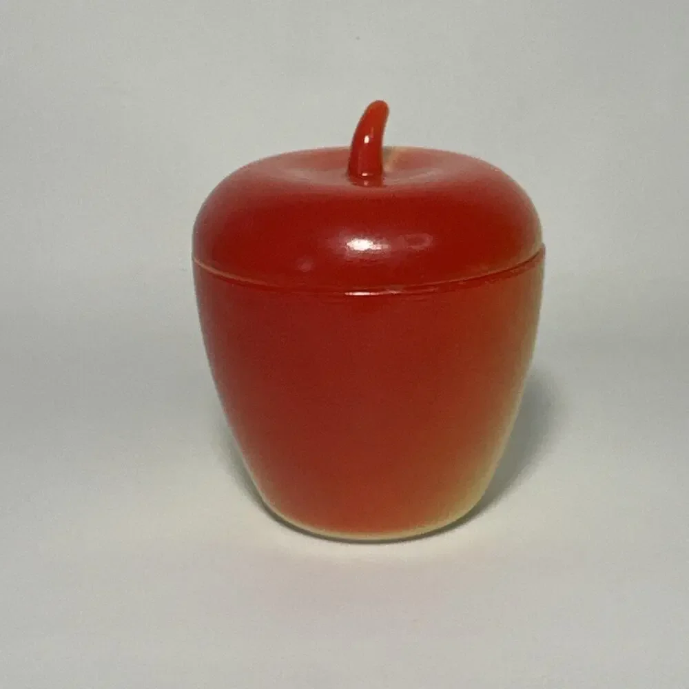 Vtg Hazel Atlas Red & Yellow Apple Shaped Sugar Bowl Jam Jelly Jar W/Stem Lid